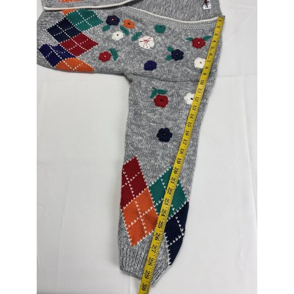 Vtg Cardigan Sweater Women L Floral Yarn Embroidery Argyle Chunky 90s Y2K Preppy - Picture 7 of 11